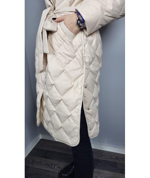 Пальто женское трендовое стеганое длинное на пояс бежевое Modna KAZKA MKAS2337 46