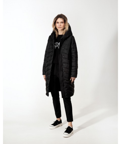 Пальто женское трендовое стеганое длинное на пояс черное Modna KAZKA MKAS2337-2 40