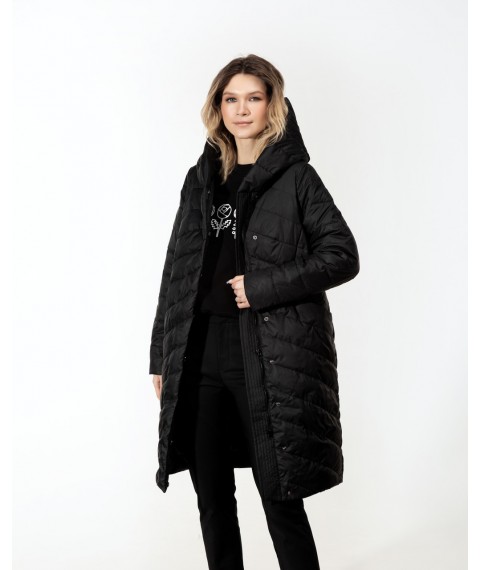 Пальто женское трендовое стеганое длинное на пояс черное Modna KAZKA MKAS2337-2 48