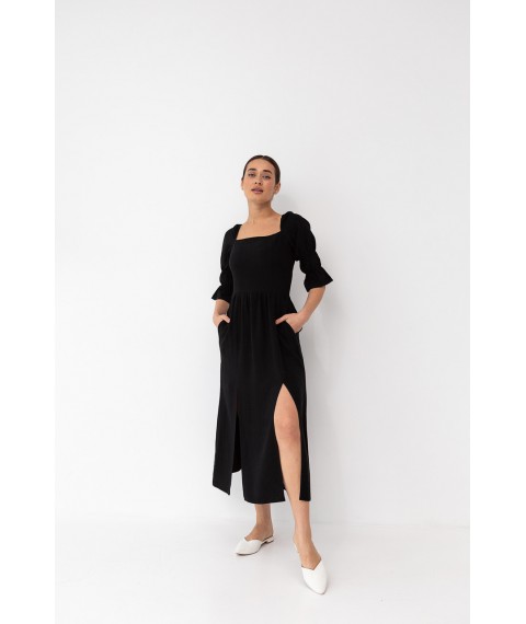 Платье льняное чёрное миди с распорками Modna KAZKA MKBS4007-1