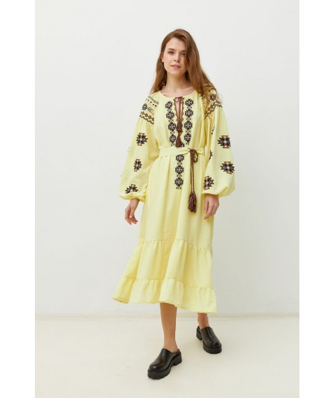Женское платье ярусное с вышивкой льняное желтое Modna KAZKA MKRM4077-1
