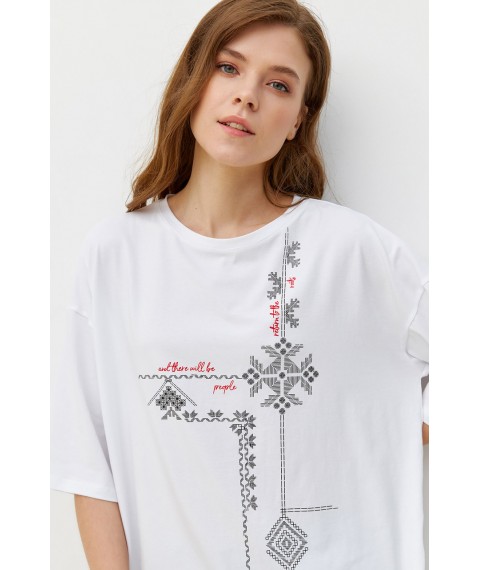 Женская футболка коттоновая белая с этно-принтом Modna KAZKA MKRM4089-1