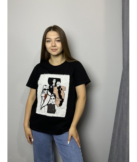 Стильная футболка женская летняя с вышитым рисунком черная Modna KAZKA MKNK170722-1