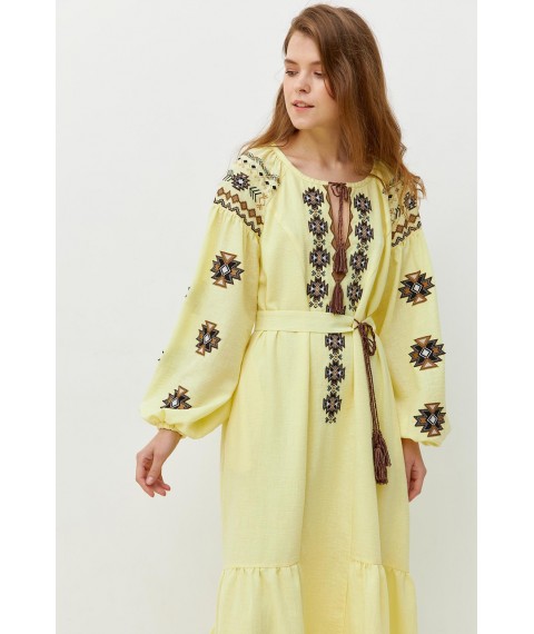 Женское платье ярусное с вышивкой льняное желтое Modna KAZKA MKRM4077-1 42