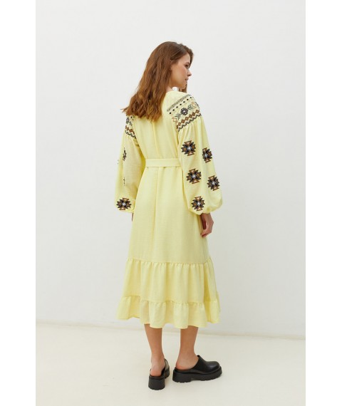 Женское платье ярусное с вышивкой льняное желтое Modna KAZKA MKRM4077-1 44