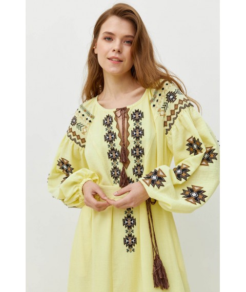 Женское платье ярусное с вышивкой льняное желтое Modna KAZKA MKRM4077-1 46