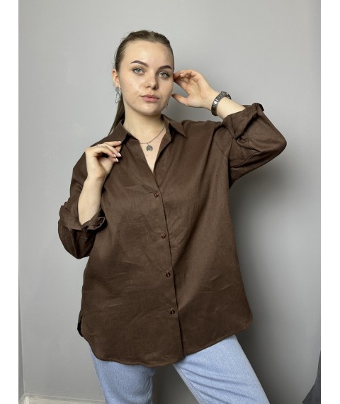 Блуза женская льняная базовая коричневая полубатал Modna KAZKA MKTRG3579-4