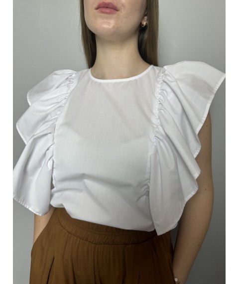 Блуза женская белая базовая коттоновая дизайнерская с воланами летняя Modna KAZKA MKAD7494-00