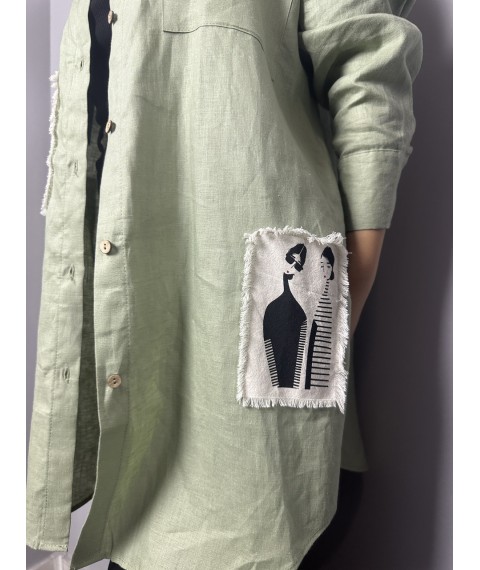 Рубашка женская оливковая дизайнерская льняная на длинный рукав Modna KAZKA MKKC9005-2