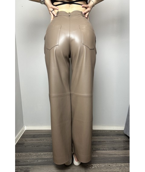 Женские прямые брюки из эко-кожи на флисе коричневые Modna KAZKA MKTRG3386-11