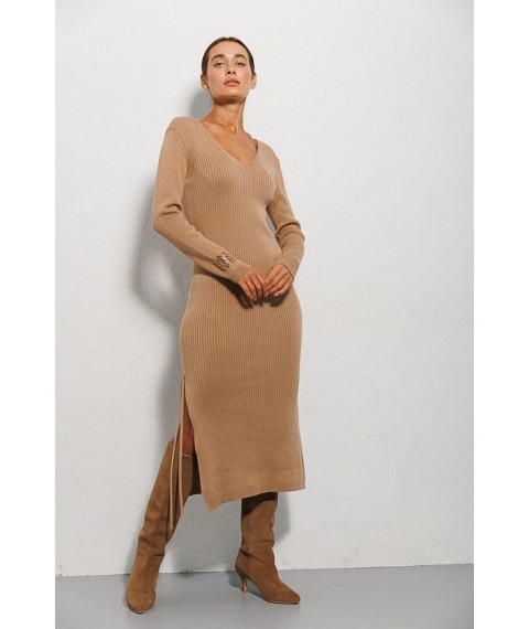 Платье женское вязаное в рубчик с разрезом миди темно-бежевое Modna KAZKA MKAR102034-2