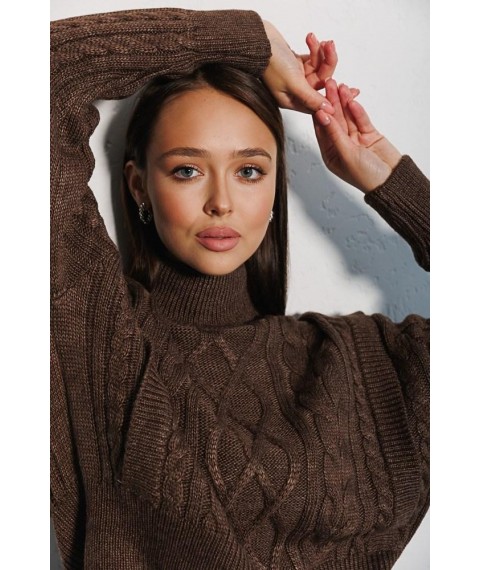 Вязаный женский свитер с ромбами шоколадный