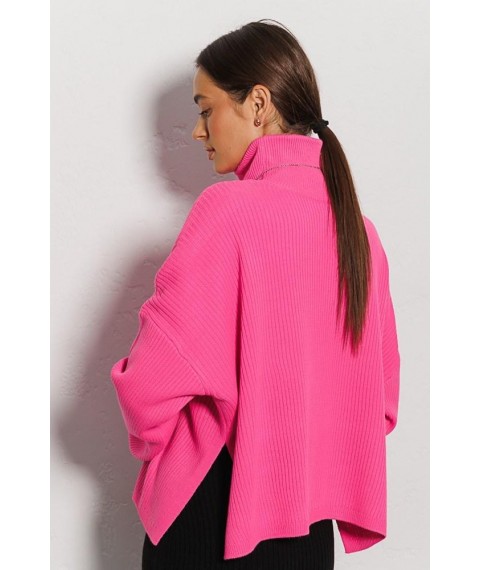 Женский вязаный розовый свитер оверсайз с разрезами по бокам