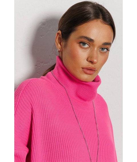 Женский вязаный розовый свитер оверсайз с разрезами по бокам