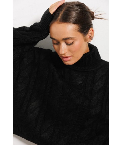 Вязаный женский черный свитер с крупными косами