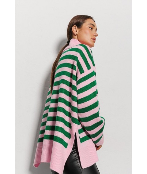 Вязаный женский оверсайз свитер розовый в зеленую полоску Modna KAZKA MKAR102119-4