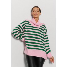 Вязаный женский оверсайз свитер розовый в зеленую полоску