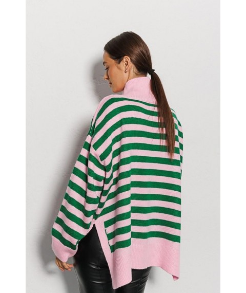 Вязаный женский оверсайз свитер розовый в зеленую полоску