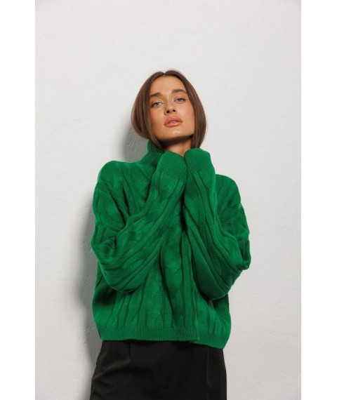 Женский вязаный свитер светло-зеленый с крупными косами