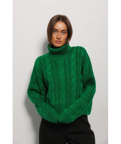Женский вязаный свитер светло-зеленый с крупными косами Modna KAZKA MKAR200251-3