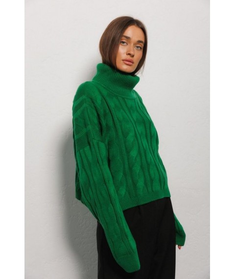 Женский вязаный свитер светло-зеленый с крупными косами