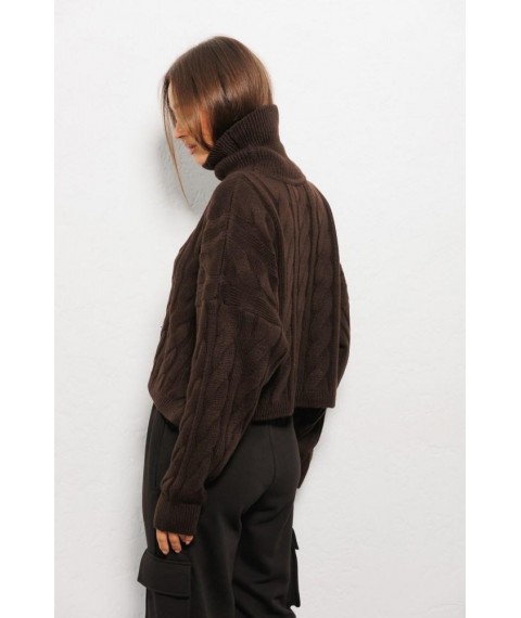 Вязаный темно-шоколадный женский свитер с крупными косами