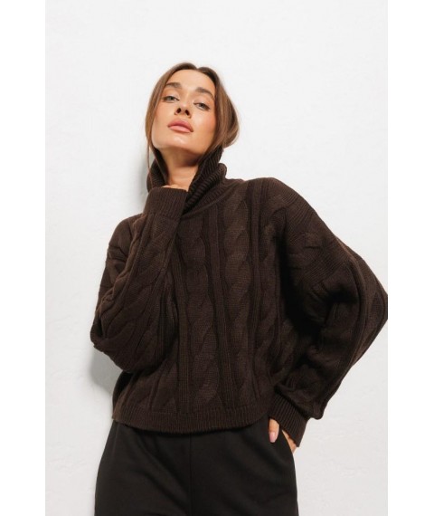 Вязаный темно-шоколадный женский свитер с крупными косами