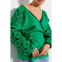 Вышиванка женская на запах с чёрной вышивкой гладью зелёная Modna KAZKA MKAR46768-3 46-48