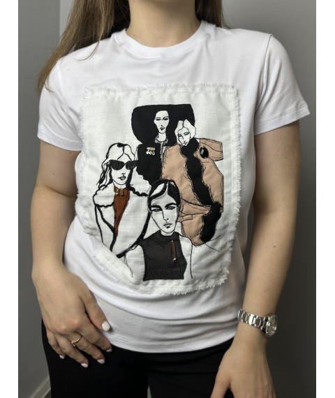 Стильная футболка женская летняя с вышитым рисунком белая Modna KAZKA MKNK170722-2 44