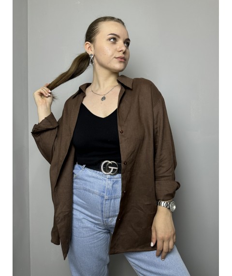 Блуза женская льняная базовая коричневая полубатал Modna KAZKA MKTRG3579-4 52