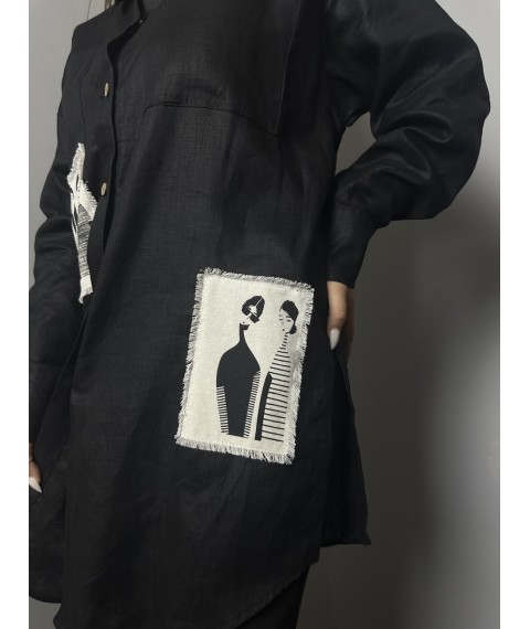 Рубашка женская чёрная дизайнерская льняная на длинный рукав Modna KAZKA MKKC9005-1 onesize