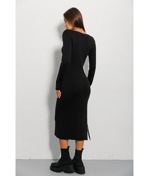 Платье женское вязаное в рубчик с разрезом миди черное Modna KAZKA MKAR102034-1 42-44
