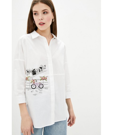 Рубашка женская с авторским принтом белая коттоновая Modna KAZKA MKRM2292-5 46
