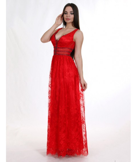 Женское вечернее дизайнерское платье длинное в пол красное с кружева шантильи Modna KAZKA MKENG2086 44