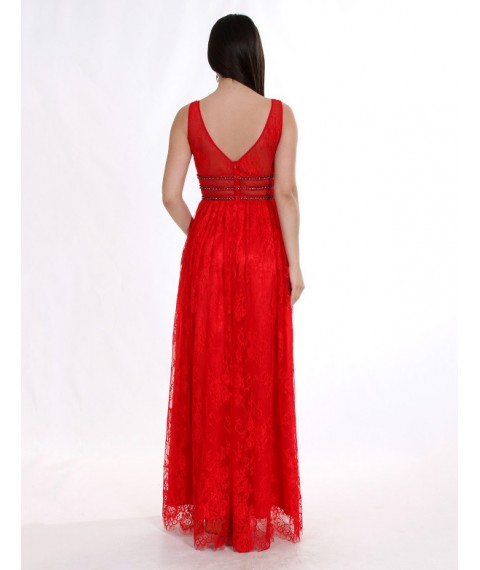 Женское вечернее дизайнерское платье длинное в пол красное с кружевами шантильи Modna KAZKA MKENG2086-2 44