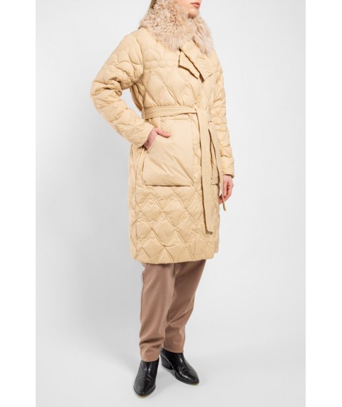 Женское пальто-пуховик с меховым воротничком светло-бежевого цвета Modna KAZKA MKLT21-143 42
