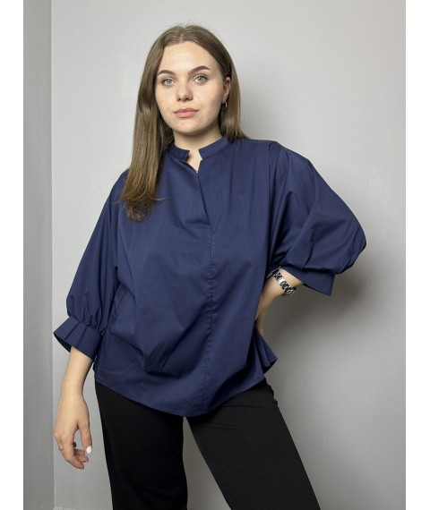 Рубашка женская базовая коттоновая с пуговицами на стойку темно-синяя Modna KAZKA MKAD7479-15 48