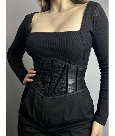 Корсет женский вышитый чёрный из искуственной кожи в украинском стиле Modna KAZKA MKGM008-1