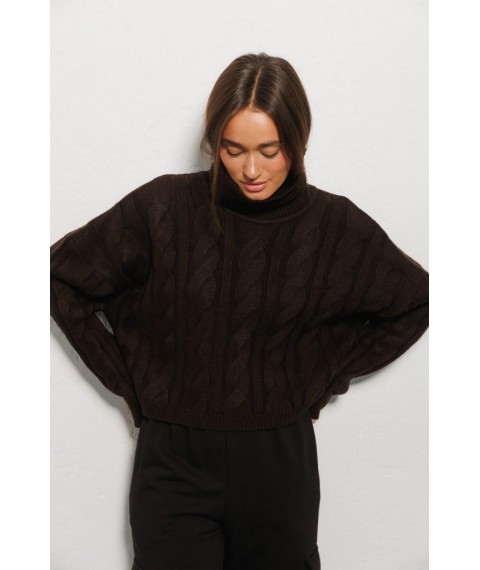 Вязаный темно-шоколадный женский свитер с крупными косами Modna KAZKA MKAR200251-4 onesize