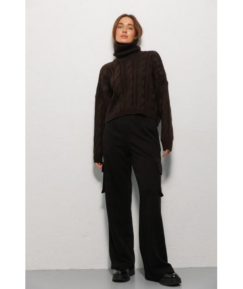 Вязаный темно-шоколадный женский свитер с крупными косами Modna KAZKA MKAR200251-4 onesize