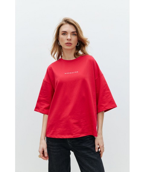 Женская базовая футболка с вышитой надписью красная Modna KAZKA MKRM4180-3 48-50