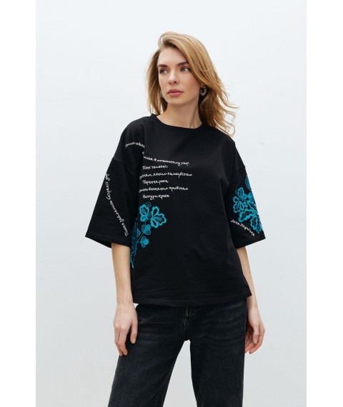 Женская базовая футболка с вышитой надписью чорна Modna KAZKA MKRM4090-1 40-42