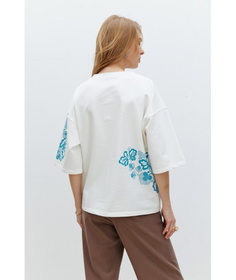 Женская базовая футболка с вышитой надписью молочная Modna KAZKA MKRM4090-2 40-42