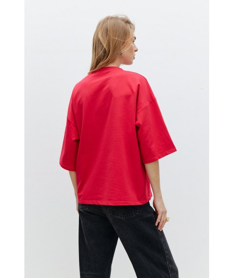 Женская базовая футболка с вышитой надписью красная Modna KAZKA MKRM4180-3 40-42