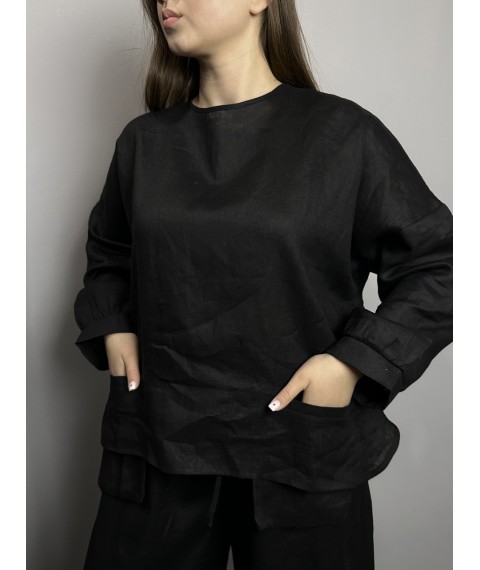 Блуза женская оверсайс чёрная лён Modna KAZKA MKKC9025-1 onesize