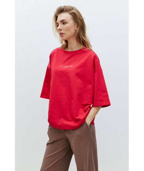 Женская базовая футболка с вышитой надписью красная Modna KAZKA MKRM4173-2 44-46