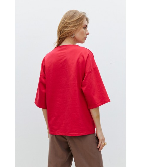 Женская базовая футболка с вышитой надписью красная Modna KAZKA MKRM4173-2
