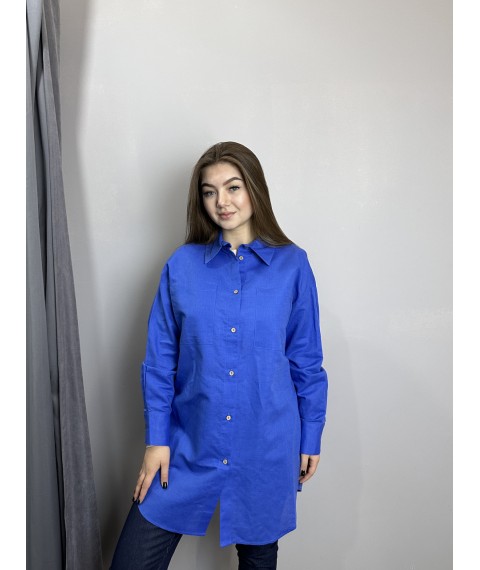 Рубашка женская синяя базовая лён с пуговицами Modna KAZKA MKKC6017-1