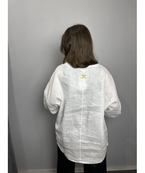 Рубашка женская белая дизайнерская льняная на длинный рукав Modna KAZKA MKKC9027-1