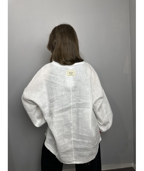 Рубашка женская белая дизайнерская льняная на длинный рукав Modna KAZKA MKKC9027-1
